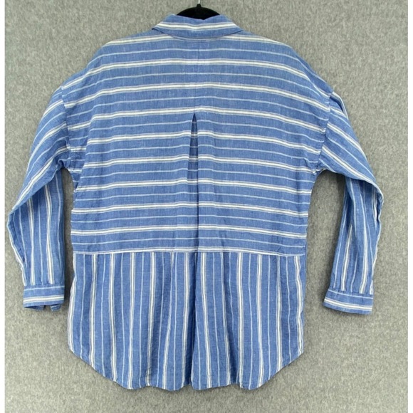 J Jill Love‎ Linen Shirt womens Medium Blue & White Striped Linen Button-Up - Picture 2 of 11